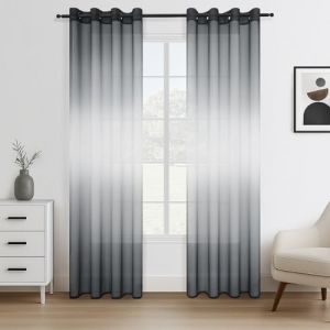 Topfinel 2 Panneaux Rideau Voilage Court Gris et Blanc et Gris Rideaux Voile Voilages Intérieurs Fenetre Couleur Dégradée Semi-Transparent à Oeillet Decoration Cuisine Chambre Enfant, 140x160 CM (NoledarEU, neuf)