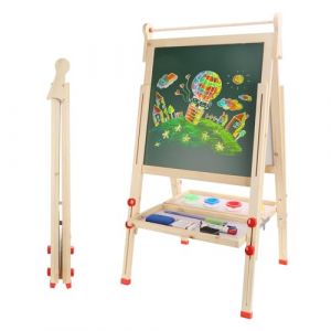 Dripex Tableau Enfant Double Face, Pliable Chevalet Enfant en Bois R&eacute;glable en Hauteur Tableau Noir et Tableau Blanc avec Craie Aimants Cadeau de Jouet Educatif Cr&eacute;atif pour Gar&ccedil;on Fille de 3+ Ans (Yiiihaa, neuf)