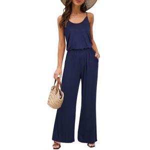 OUGES Combinaison d'été sans manches pour femme - Combinaison pantalon longue - Combishort décontracté avec poches(Marin,M) (PROMOVER-OFFICIAL, neuf)