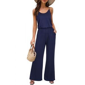 OUGES Combinaison Femme Ete Chic Pour Soirée Combishort Femme Salopettes Loose Casual Jumpsuit avec Poches(Marine,M) (OUGES-FR, neuf)