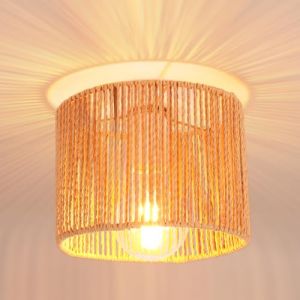 iDEGU Plafonnier Vintage Industrielle Lustre en Rotin et Métal Rétro Cage Abat-jour Lampe de Plafond E27 Éclairage Déco Suspension Luminaire pour Chambre Couloir Entrée (20CM Ronde, Rotin Marron) (IDEGU, neuf)