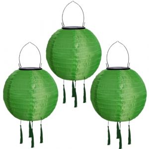 Lot de 3 lampions solaires d'ext&eacute;rieur r&eacute;sistants aux intemp&eacute;ries - Lanterne solaire &agrave; LED - &Eacute;tanche - Avec pompon - Lampes solaires &agrave; suspendre - En papier - 20 cm - Vert (ZDD123, neuf)