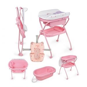 MS BabyWorld Bubble + R&eacute;ducteur &ndash; Baignoire ergonomique pour b&eacute;b&eacute; avec pieds et matelas &agrave; langer imperm&eacute;able et rembourr&eacute; | Fermeture compacte, organiseur, 4 roulettes avec freins (Rose/Rose) (SLEEP & PLAY, neuf)
