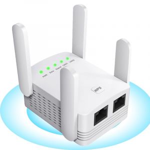 R&eacute;p&eacute;teur WiFi, Booster WiFi Extender, Amplificateur de Signal WiFi, 4 antennes, 2 Ports LAN, Couverture jusqu'&agrave; 200sq Amplificateur WiFi pour la Maison et Le Bureau, Facile &agrave;,WiFi-Blanco (lechushangmaobaihuo, neuf)