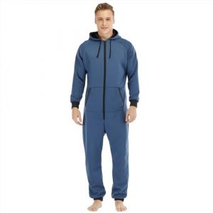 QIYUANT Pyjama Grenouillere Homme Combinaison Pyjama a Capuche Casual Polaire Doublure M&eacute;lange de Coton Zipp&eacute; Adulte Une Pi&egrave;ce Hiver Automne Chaud Confortable Homewear (Bleu Saphir, M) (Qiyuant, neuf)