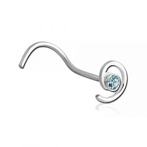 Inoki - Stud de nez argent Spirale et Strass - Jonc/Tige 0.6 mm, Longueur 6.5 mm, Élément 4 mm - Aiguemarine (INOKI PIERCING, neuf)