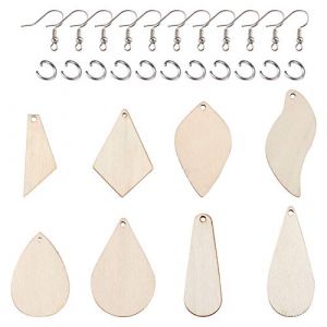 PandaHall Lot de 80 pendentifs en bois brut pour boucles d'oreilles - 8 motifs - avec anneaux ouverts et crochets en acier inoxydable - Formes g&eacute;om&eacute;triques, pour la fabrication de bijoux (Yilisi Jewelry, neuf)