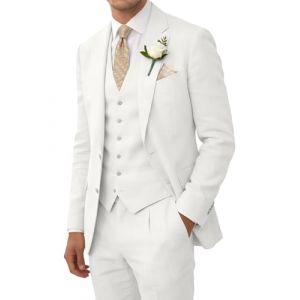 Costume r&eacute;tro en lin pour homme, costume de plage, de mariage, d'&eacute;t&eacute;, coupe ajust&eacute;e, 3 pi&egrave;ces, poids l&eacute;ger, veste gilet, pantalon, smoking, ivoire, Taille 3XL (JINGCHUSHANGMAO, neuf)