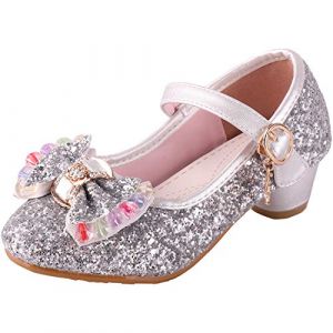 LiUiMiY Chaussure Ballerines Princesse Fille à Talon Paillette pour Déguisement Ceremonie Mariage Carnaval Fête, Argent, 31 EU (Étiqueter 32) (Hallobin, neuf)