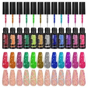 Gel pailleté, Vernis à ongles, Brillance étincelante séchage rapide longue durée application facile formule flexible trousse portable, Kit de liner pour manucure pour femmes salon maison fête vacances (jasaf, neuf)