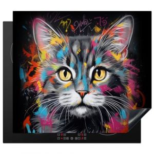 KitchenYeah© Protection Pour Plaque Induction 60x52 cm Plaque de Deco Cuisine Protégé Cache De Cuisson Vitroceramique Chat - Graffiti - Animaux - Couleurs - Gris (KitchenYeah, neuf)