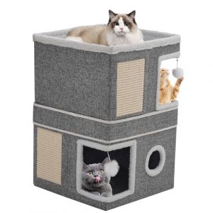 Maison pour Chat Pliable d'intérieur avec griffoir, Balle de Jeu, Niche pour Plusieurs Chats, Cube pour Chat, Maison Cube à Trois étages, lit pour Chat, 40x40x63 cm, Grise (Fenni store, neuf)