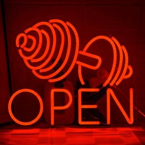 LMSIGNLY Enseigne au n&eacute;on avec halt&egrave;res rouges pour gym - Barre &agrave; poids au n&eacute;on ouverte pour entreprise - Enseigne lumineuse au n&eacute;on pour gym, fitness, dimmable - D&eacute;cor mural ouvert pour salle de (ChenSi Trading, neuf)