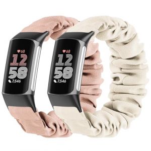 Wizvv Lot de 2 bracelets Scrunchie compatibles avec Fitbit Charge 5/Fitbit Charge 6 pour homme et femme - Bracelet de rechange en nylon extensible respirant pour Charge 5/Charge 6 (Sunnyson-eu, neuf)