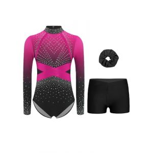 RUNQHUI Fille 3 Pi&egrave;ces Ensemble Gymnastique Justaucorps Manches Longues avec Short et Bandeau des Cheveux Tenue Gymnastique Strass pour Comp&eacute;tition Spectacle A Rose vif 5-6 ans (RUNQHUI, neuf)