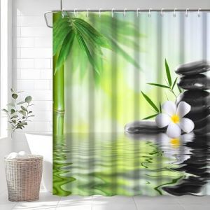 Rideau Douche Bambou, Uiiooazy Rideau Douche Anti Moisissure 180x180cm Feuilles Vert Pierre Noir Spa Zen Rideaux de Baignoire Tissu Lavable Imperm&eacute;able Polyester Rideaux Salle de Bain avec 12 Crochets (dongguibinjingpinxiaodianpu, neuf)