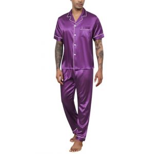 Reliwel Pyjama Homme Ete Satin Pyjama Short Homme en Soie Boutonn&eacute; Chemise Manches Courtes et Pantalon Long Deux Pi&egrave;ces v&ecirc;tements de Nuit Confortable Doux (Reliwel-FR, neuf)