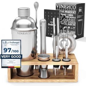 Cocktail Shaker Kit avec Support + Livre Cocktail + d'Accessoires Professionnel: INOX Qualité Extra, Bar Ensemble: Cuillère a Mélange Pilon Jigger Paille | Gin Mojito Martini Set Cadeau Femme Homme (PL|Concepts, neuf)