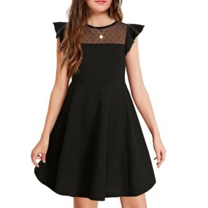 Arshiner Robe d'été pour Filles - Robe Patineuse en Maille à Manches Courtes - Robe de soirée pour Enfants avec 2 Poches latérales - Robes trapèze décontractées Unies - 12-13 Ans - Noir 160 (Arshiner Store, neuf)