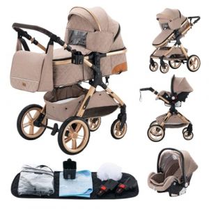 GLOKID Poussette 3 en 1，Poussette Canne，Trio，Avec Siège Accessoires，Adaptateurs Universels，Landau Bébé jusqu'à 25 kg，4 roues avec amortisseurs，Nacelle，Grandes Roues，pliage d'un clic (XX1 Kaki) (EUCHILDREN, neuf)