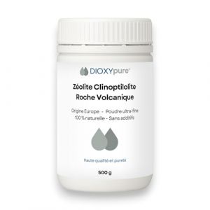 Z&eacute;olite - Roche volcanique pure et 100% naturelle - Puret&eacute; ≃94% en Clinoptilolite - Origine EU - 500g - Poudre ultra-fine - Sans additifs - test&eacute;e et contr&ocirc;l&eacute;e en Allemagne (Dioxypure FR, neuf)