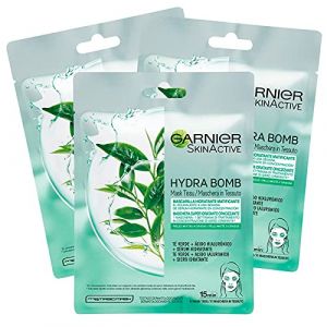 3 x Garnier SkinActive Hydra Bomb Masque Visage en tissu Hydratant et opaque avec Te vert et acide hyaluronique (Eurocali, neuf)