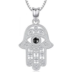 Collier Main de Fatma Argent Sterling 925, Pendentif Main de Fatma avec Zircon Noire, Hamsa Collier Main de Fatma avec Oeil, Bijoux Main de Fatma pour Femme (Aniu, neuf)