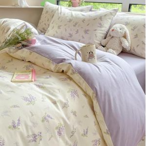 Freyamy Housse de Couette Fleurie 140x200+1 Taie d'oreiller 65x65cm Beige Violet Vert Feuilles Floral Ado Parure de lit en Microfibre Fleurs Sets de Housse Couette Adulte Filles avec Fermeture Éclair (Mitchell'SZ, neuf)