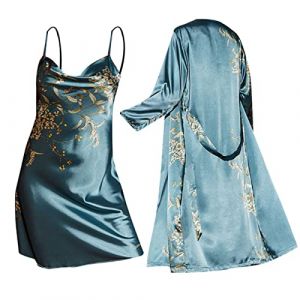 Chanpning Nuisette Femme,2 Pcs Robe De Chambre Cerisier Vert Satin Peignoir Long Kimono Sexy avec Ceinture Col V Babydoll Chemise De Nuit Déshabillé Luxueux Pyjama Lingerie Mariée Vêtements De Nuit (Blingko, neuf)