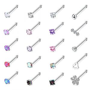 Adramata 20 Pcs 20G Anneaux de Nez en Chirurgical Ensemble de Clous de Nez Diamant Opale CZ Piercing de Nez Bijoux pour Femmes Hommes Vis/Droit/en Forme de L Clous de Piercing Nez Multicolore,I (jjccui, neuf)