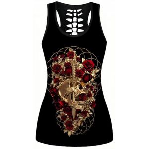 Ocean Plus Femme Crâne Sport Débardeurs Gothique Cache-cœur Gilet d'entraînement sans Manches Chemise Criss Cross Noir T-Shirt Halloween (M (Brustumfang: 86 cm), Roses Rouges et crâne doré) (Ocean Plus, neuf)