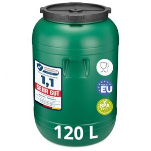 Garronda réservoir d'eau de 120 litres, Baril Alimentaire, fût à Large Ouverture en HDPE et sans BPA, tonneau de Jardin, bac à Aliments pour Animaux, conteneur d'eau, tonneau Universel GD-0078, Vert (Hisert, neuf)