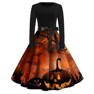 Deguisement Halloween Femme Sexy Robe Halloween Femme Robe d'halloween Imprimée Robe à Manches Longues Robe Cocktail Robe Hepburn Costumes d'halloween Deguisement Femme Halloween (Rouge,M) (EZJOBLA(7-12 days delivery), neuf)