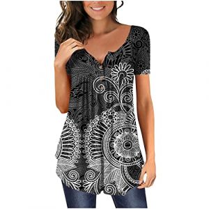 Chic Et &Eacute;l&eacute;gant Chemisier Femme Manches 3/4,T Shirt Imprim&eacute; Fleurs avec Pliss&eacute;,Tee Shirt Col en V Blouse De Boheme Hauts avec Boutons,D&eacute;contract&eacute;e Tunique &Eacute;t&eacute; Plage Travail Tunique Tops (Wyongtao❖, neuf)