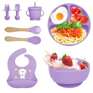 Bizcasa Coffret Repas Bebe 8 pièces, Vaisselle Antiderapant pour Bébé Set Silicone avec Ventouse Assiette Bol Fourche Cuillère Bavoir et Tasse, Assiette Enfant Set, Sans BPA (Violet) (CHERRY-TECH, neuf)
