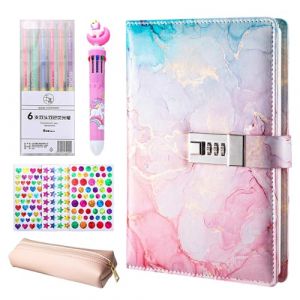 Brinny Journal intime avec cadenas pour fille, carnet de notes, journal intime privé ligné, couverture rigide, format A5, avec 3 autocollants, 6 surligneurs, stylo à bille 10 en 1 et trousse (hong an shun, neuf)
