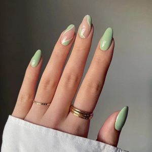 Kaichen French Ongles à presser Amande Vert/Blanc Medium - Comprend 24 ongles, 24 pastilles adhésives, 1 bâton de manucure, 1 mini lime (Violet Fashion Store, neuf)