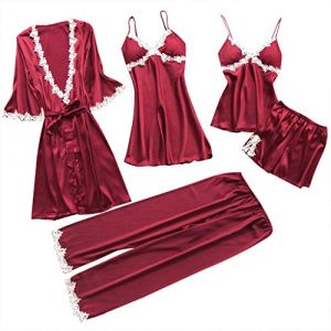 G&eacute;n&eacute;rique 5 Pi&egrave;ces Femme Sexy Chic Ensemble De V&ecirc;tements De Nuit en Satin Nuisette Dentelle Cami Chemise De Pyjama, Feminin Sensuelle Peignoir de Soie Chemisette De Nuit Ensemble De Lingerie (qieycgd, neuf)