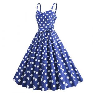 Robe Année 60 Pin-Up Femme Sexy Col V sans Manche Retro Robe Style 1950's Audrey Hepburn Pin-Up Rockabilly Elegante Polka Dot Trapèze Vintage Robes Swing Robe De Bal Fête Cérémonie Mi Longue (Blingko, neuf)