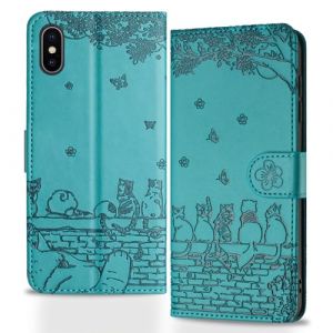 Butnyeoe Coque pour iPhone XS Rabat,Housse Pochette iPhone X Clapet,Portefeuille Etui avec Porte-Carte et Dragonne,Chats/Fleur PU Cuir/Antichoc Flip Folio Case.Bleu-Vert (Bartern, neuf)