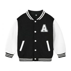 Volunboy Veste de Baseball Enfants Unisexe Universitaire Legere Blouson Varsity Style Flocked Letter R J Patch Manteau(Noir Blanc,2-3 ans,Taille 100) (Volunboy, neuf)
