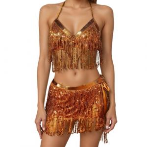 2 Pi&egrave;ces Ceinture Danse Orientale Femme, Gilet et Jupe de Danse du Ventre de Carnaval avec Franges &agrave; Paillettes de Dance Orientale, pour in Repr&eacute;sentations sur Sc&egrave;ne, Repr&eacute;sentations d'anniversaire (NiceYear, neuf)