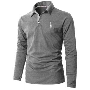 KUNJLELP Mode Polo pour Homme Manches Longues Broderie Girafe T-Shirt Slim Coton Polo de Travail Golf Rugby M-3XL,A-Gris,M (Chuanghui-EU, neuf)
