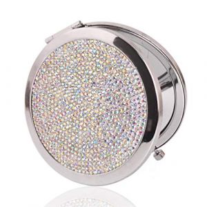 Miroir de poche rond scintillant avec strass compact double face grossissant 2X miroir de poche portable pour femmes et filles (linzhiYY, neuf)