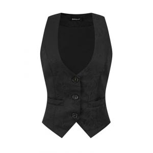 Allegra K Gilet Vintage Femme Boutonn&eacute; Steampunk Jacquard Sans Manches Costume Gilet Costume femme Noir XXL (Weisser Berg, neuf)