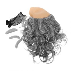 UKCOCO Postiche Chauve 3 Pi&egrave;ces avec Cuir Chevelu Ondul&eacute; Gris, Moustache et Sourcils Inclus, Costume Homme pour F&ecirc;tes Costum&eacute;es, Halloween et D&eacute;guisement Vieux Homme R&eacute;aliste (Fruitscher, neuf)