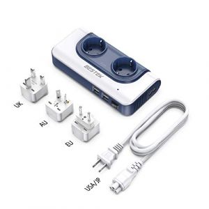BESTEK Transformateur Convertisseur de Voyage 200W Adaptateur de Voyage Version Améliorée AC 100V-120V à AC 230V 10V avec 2 Prises EU et 4 Ports USB 3 Adaptateurs Prises (USA,UK,EU,AUS...) -Bleu (keruida eu Direct, neuf)