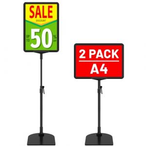 VAIIGO Lot de 2 Porte Affiche A4 sur Pied R&eacute;glable - pour Comptoir et Sol - Pr&eacute;sentoir M&eacute;tallique - Supports d'affichage Panneau - Signalisation pour Menu, Publicit&eacute;, Signalisation, Magasin et Bureau (WIIGO, neuf)