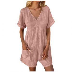 Combinaisons et Combishorts Femme Col V en Coton Lin Salopette Short Femme Baggy Salopette Femme Ete Fluide Salopettes Femme Grande Taille Combinaison Femme Chic Rompers Jumpsuit Femme Casual (Sunliney, neuf)
