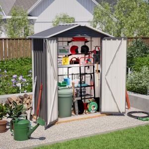 Abri de Jardin en métal 154x83x180cm, avec Trous d'aération, Conception résistante aux intempéries, abri de Jardin en métal avec Porte verrouillable, adapté au Stockage des Outils de Jardin, Gris (ALINLINQI, neuf)